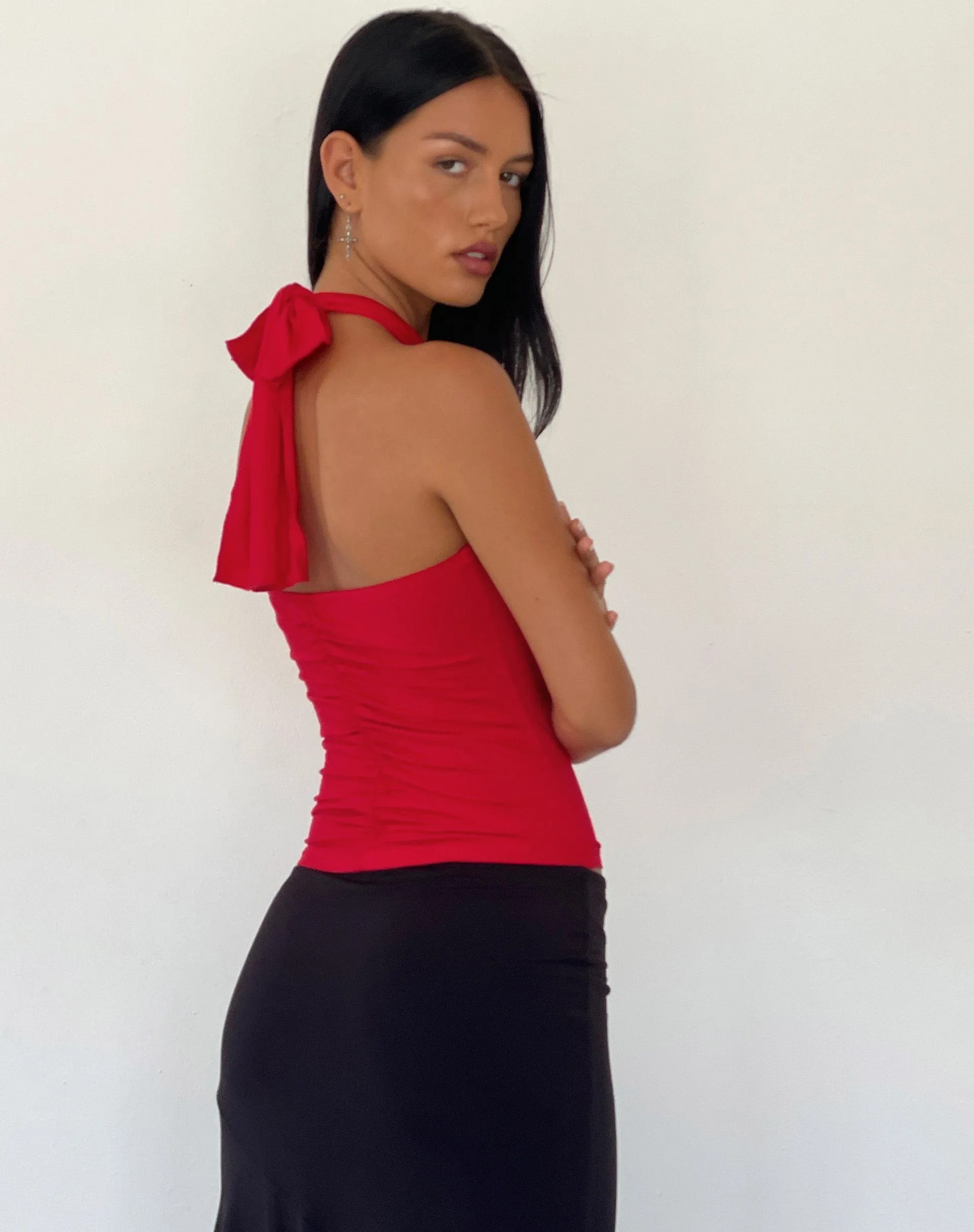 Audrey Halterneck Top in Red Soft Slinky