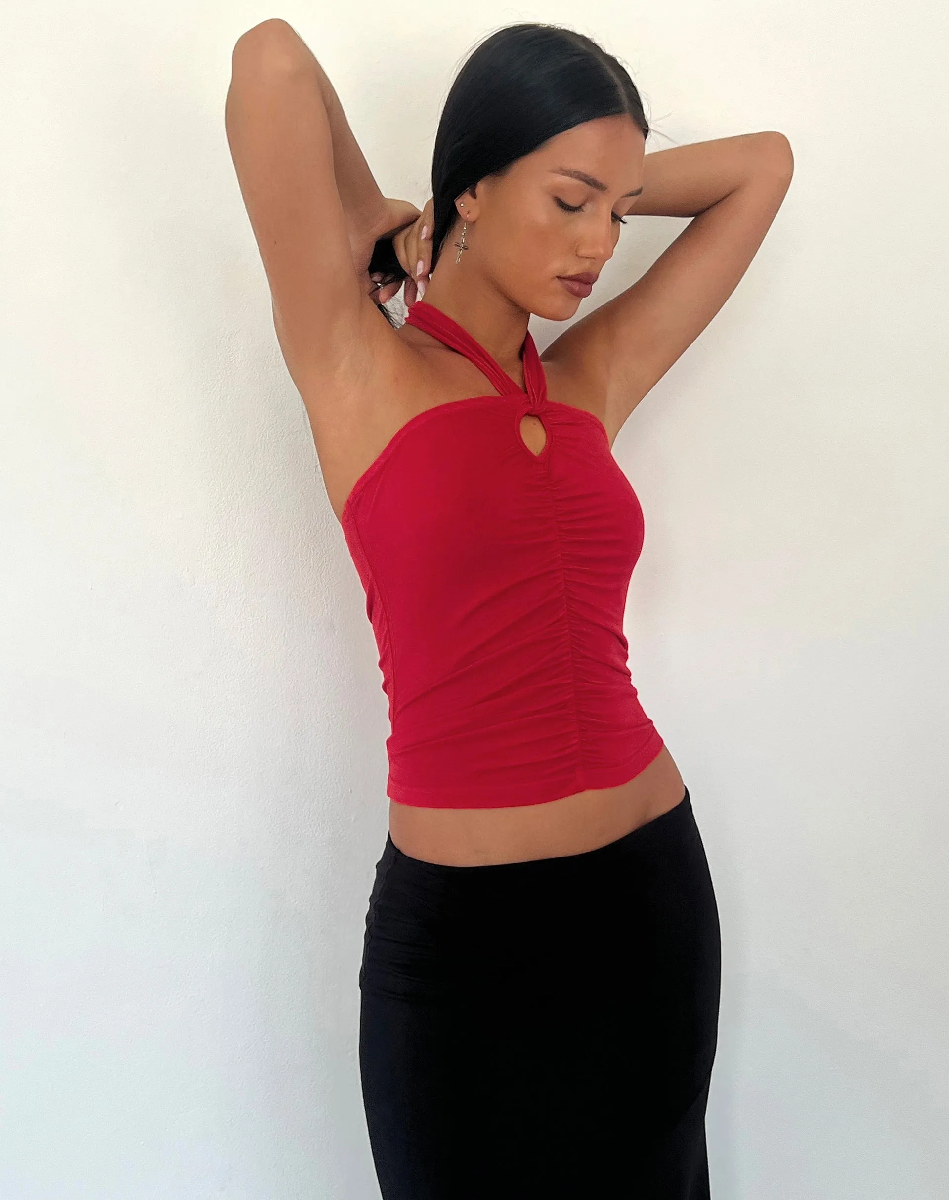 Audrey Halterneck Top in Red Soft Slinky