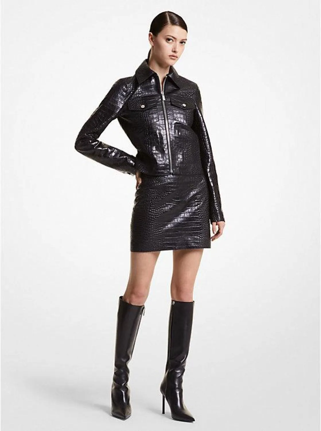 Bella Crocodile Embossed Leather Zip-Up Jacket