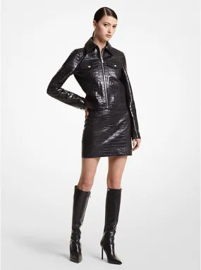 Bella Crocodile Embossed Leather Zip-Up Jacket