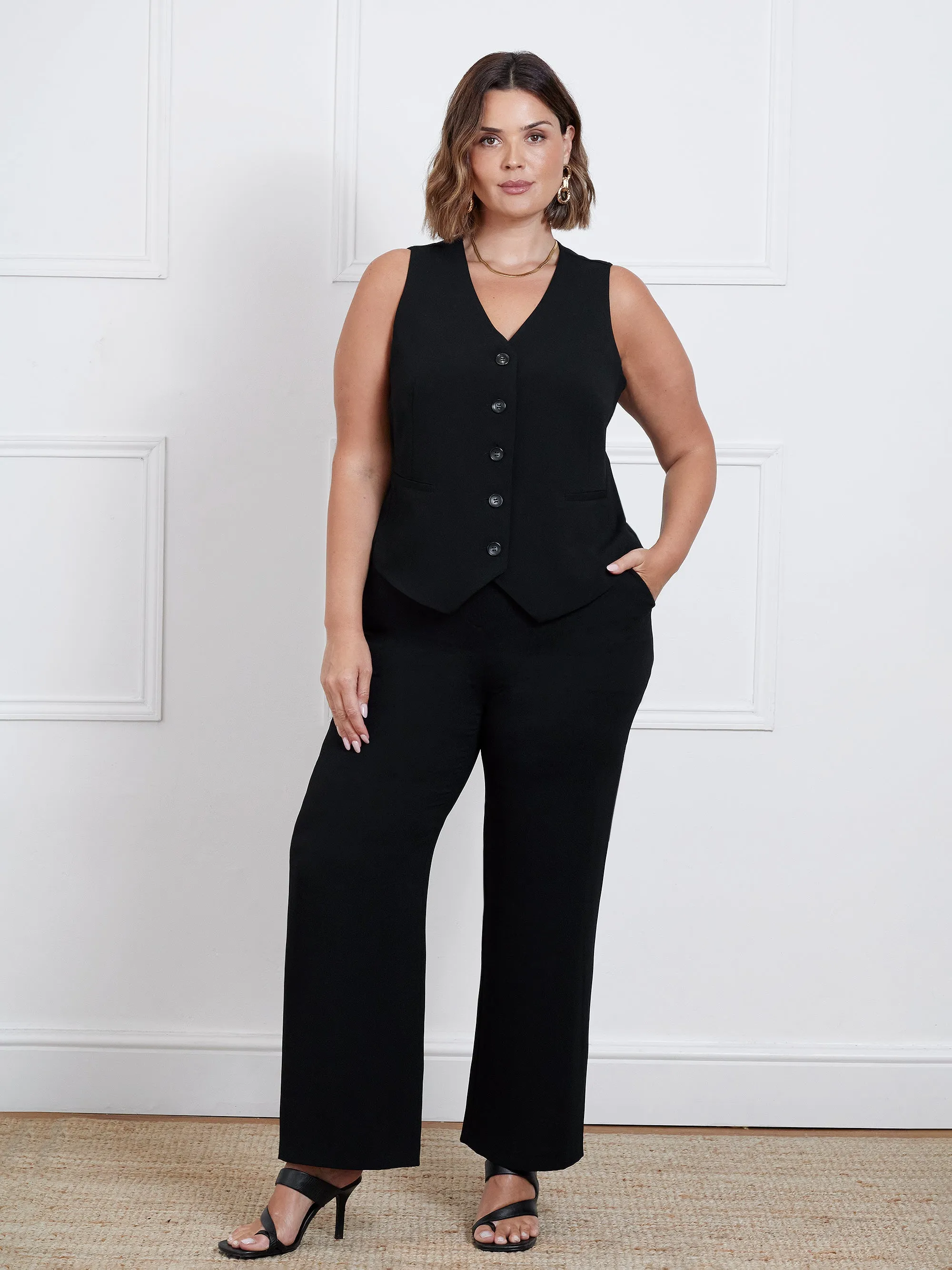 Black Button Detail Wide Leg Trouser