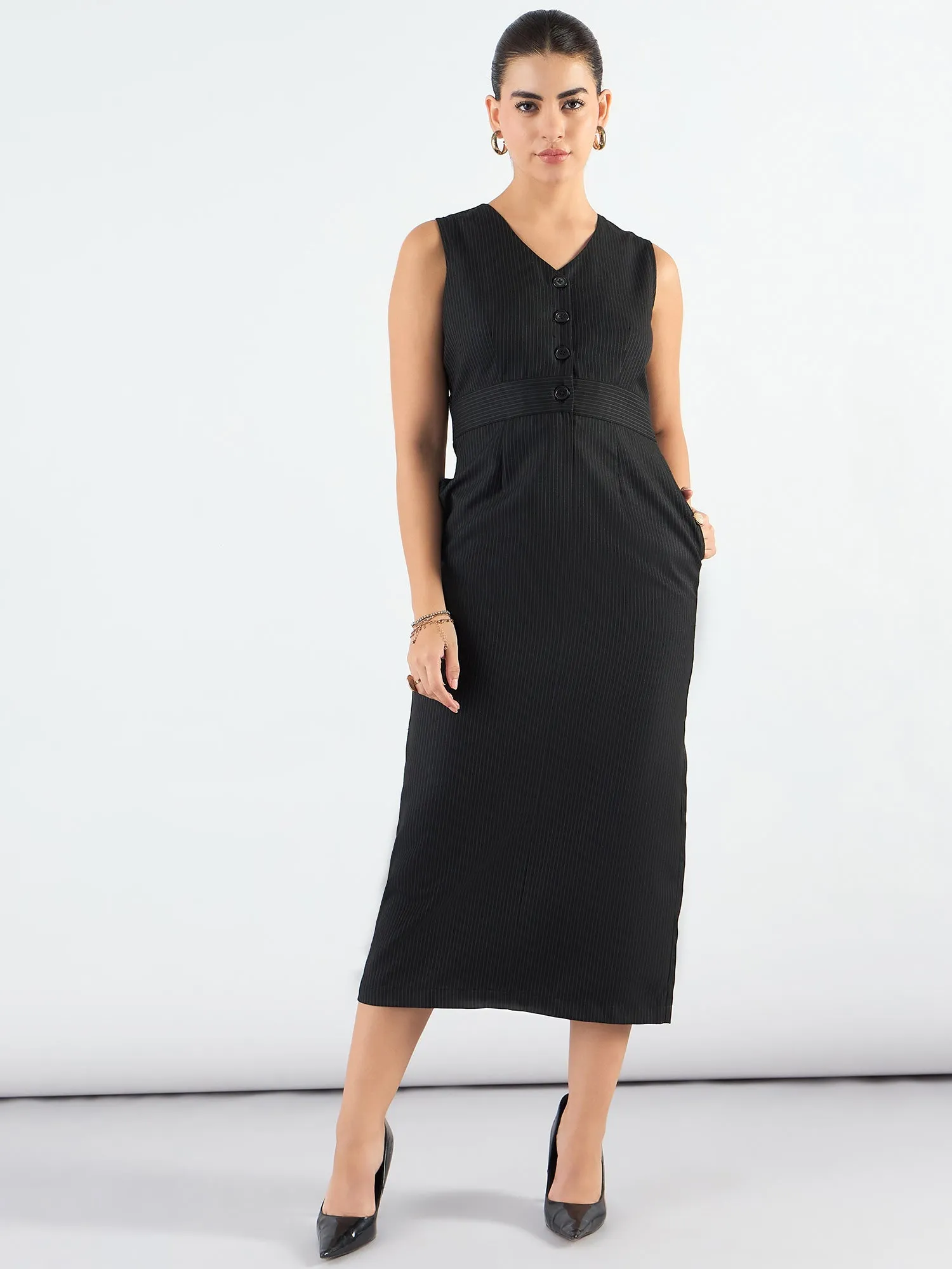 Black Polyester Striped Structured Formal Midi Dress