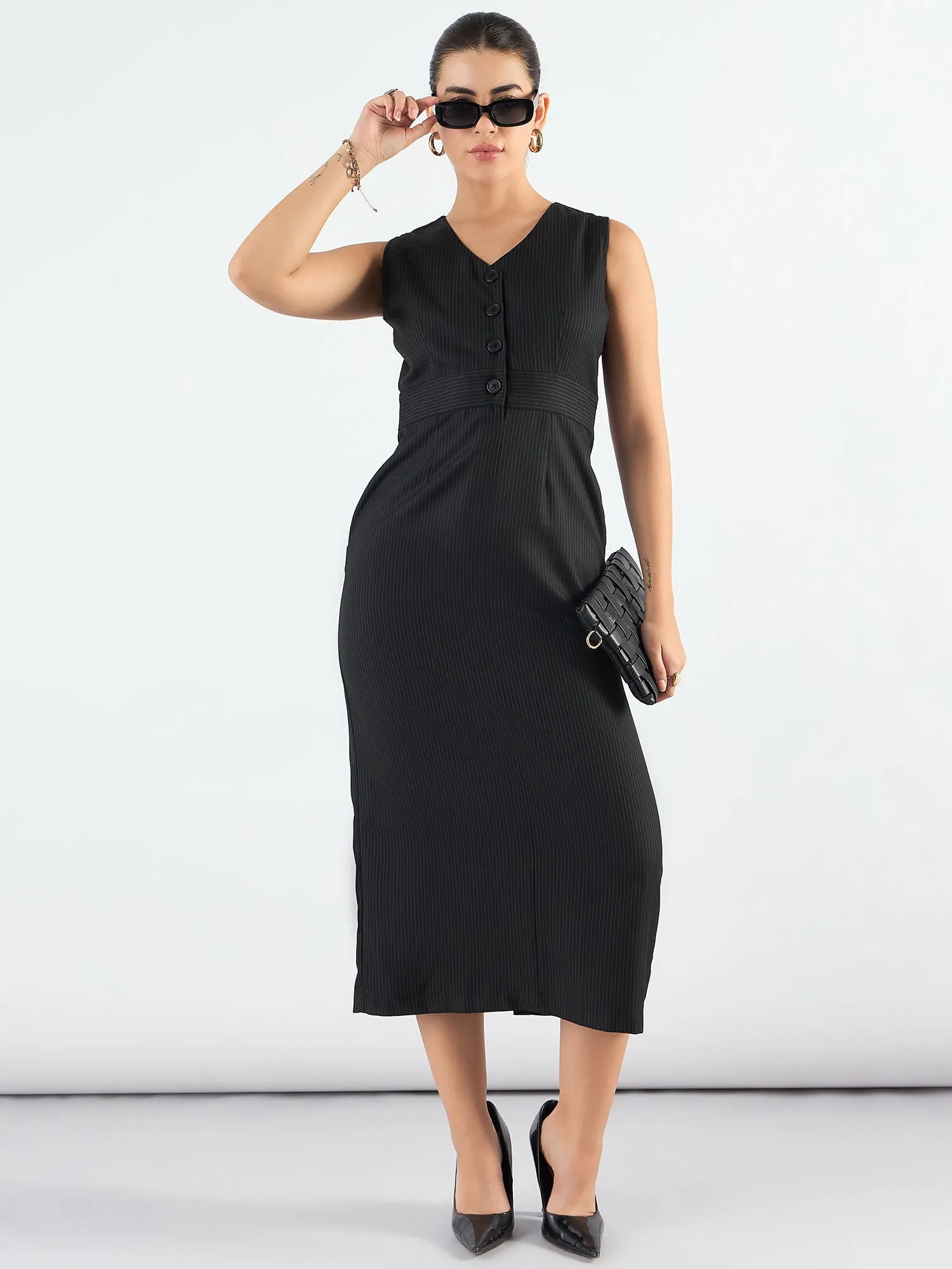 Black Polyester Striped Structured Formal Midi Dress