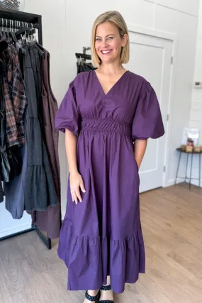 Bubble Sleeve Purple Midi Dress