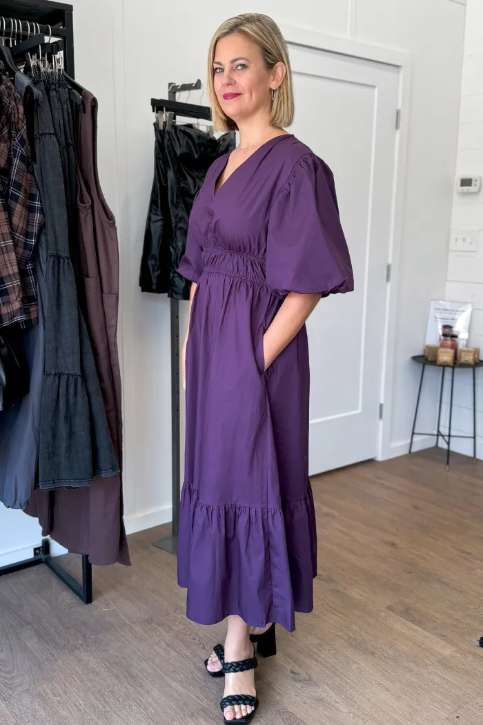 Bubble Sleeve Purple Midi Dress