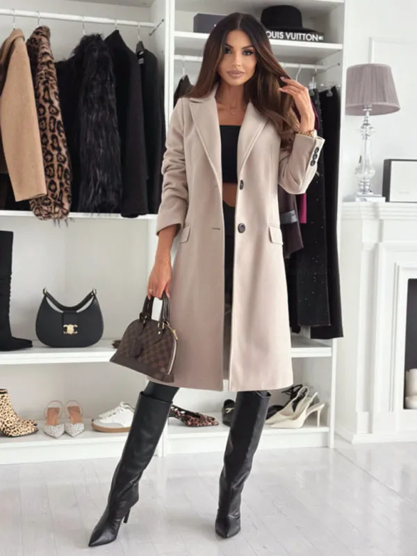 Chic Herringbone Coat with Button Closure & Pockets