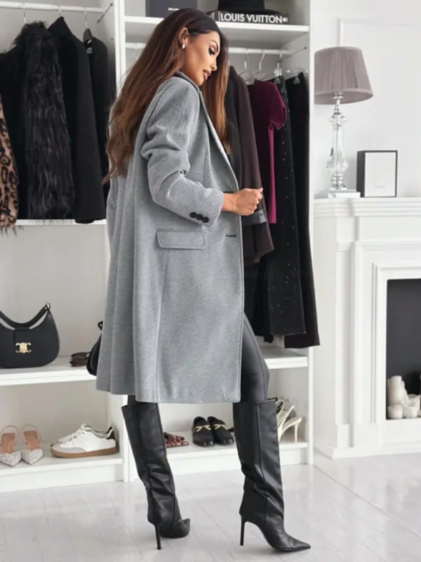 Chic Herringbone Coat with Button Closure & Pockets