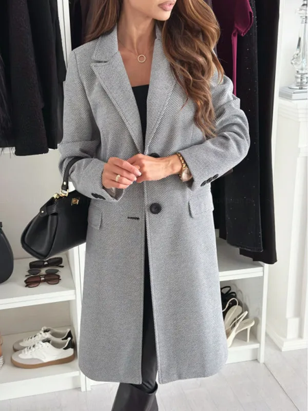 Chic Herringbone Coat with Button Closure & Pockets