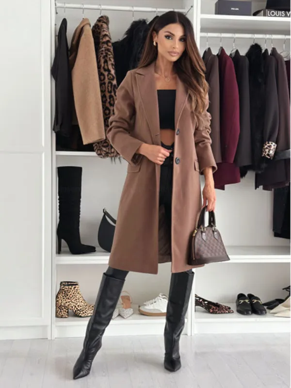 Chic Herringbone Coat with Button Closure & Pockets