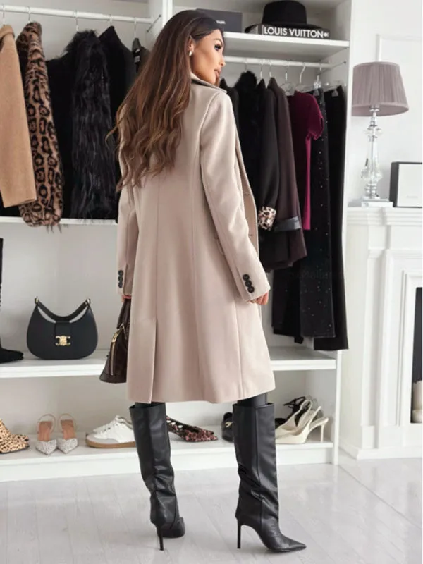 Chic Herringbone Coat with Button Closure & Pockets