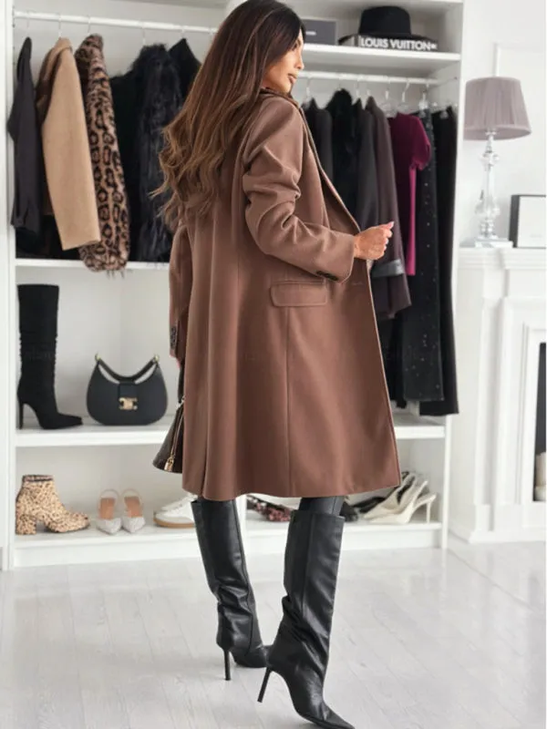 Chic Herringbone Coat with Button Closure & Pockets