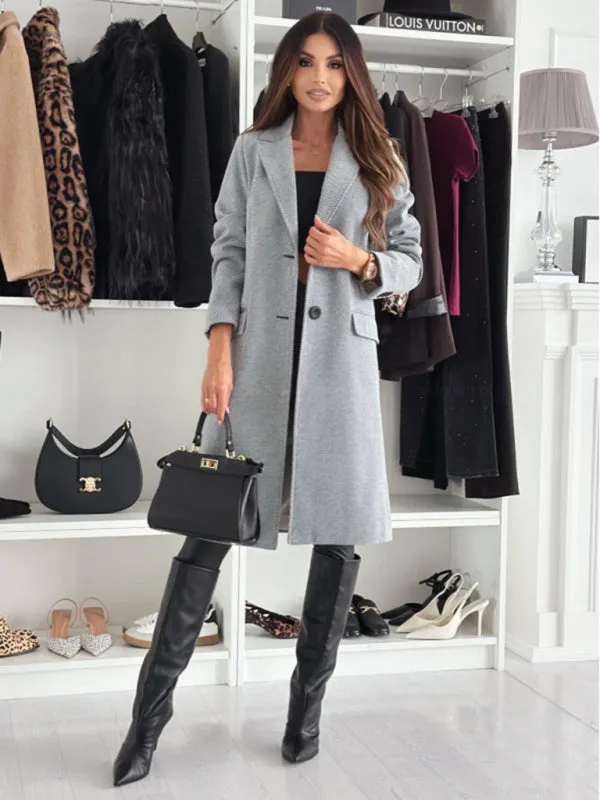 Chic Herringbone Coat with Button Closure & Pockets