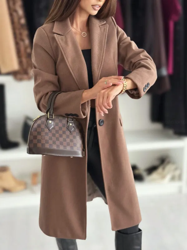 Chic Herringbone Coat with Button Closure & Pockets