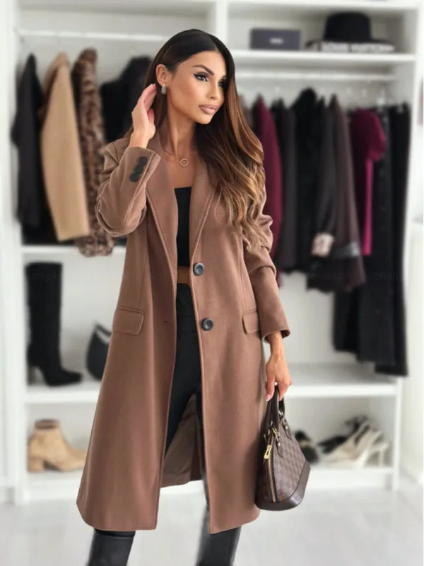 Chic Herringbone Coat with Button Closure & Pockets