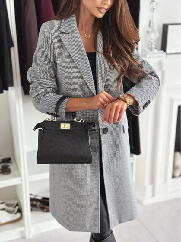 Chic Herringbone Coat with Button Closure & Pockets