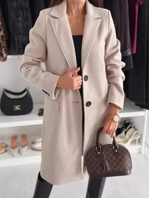 Chic Herringbone Coat with Button Closure & Pockets