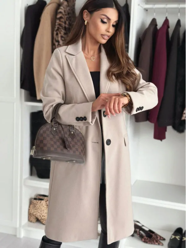 Chic Herringbone Coat with Button Closure & Pockets