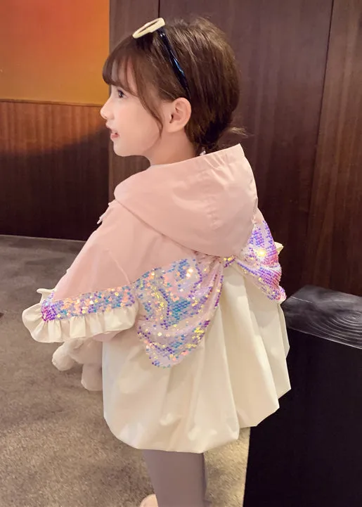 Chic Pink Hooded Sequins Ruffled Cotton Girls Coat Fall ML0034