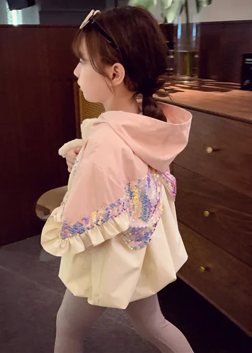 Chic Pink Hooded Sequins Ruffled Cotton Girls Coat Fall ML0034