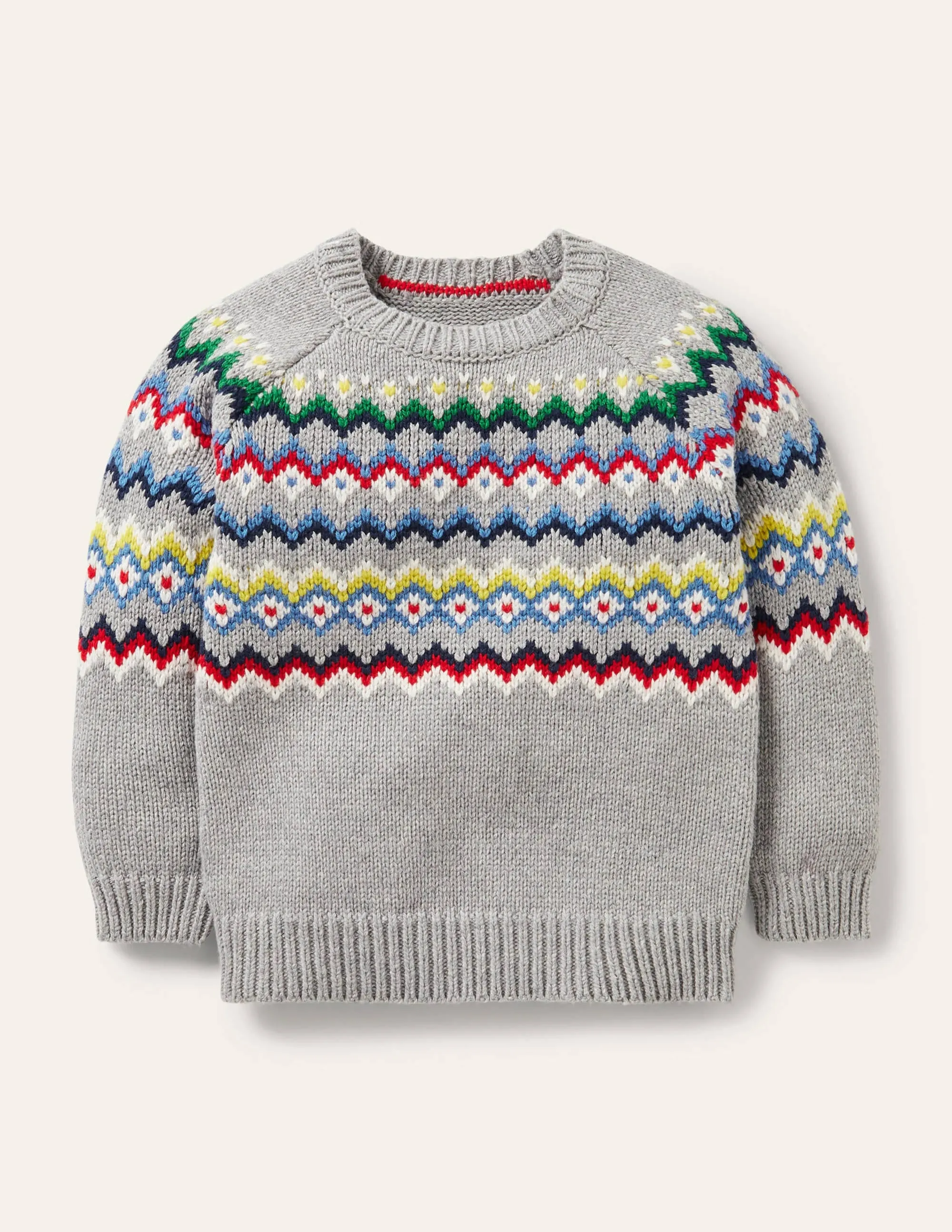 Chunky Fair Isle Crew Jumper-Grey Marl