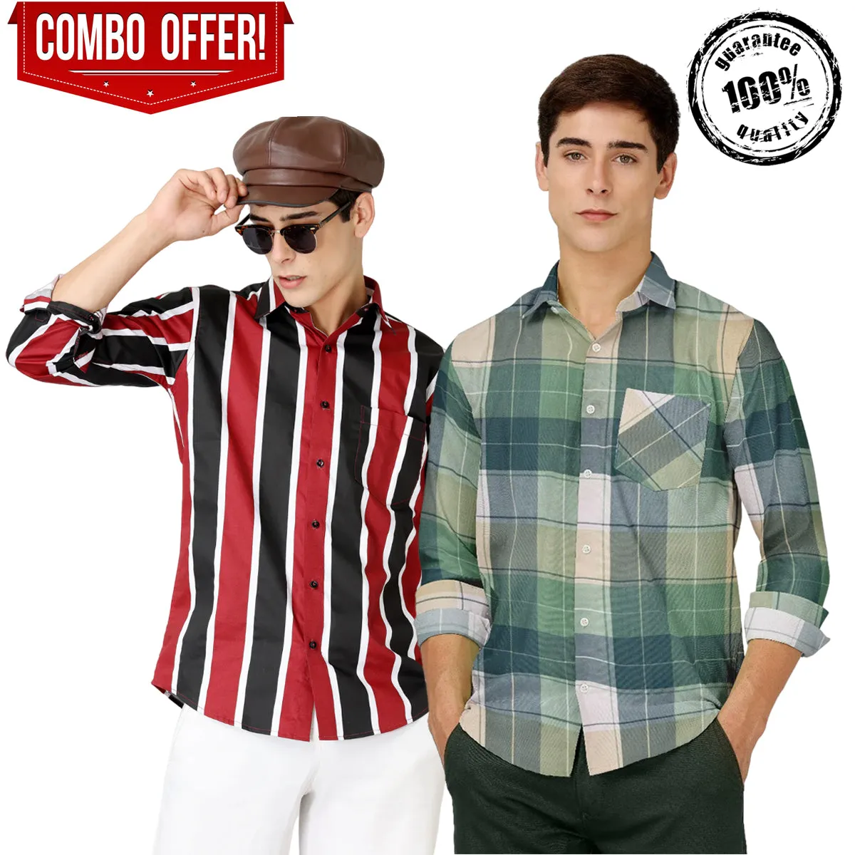 Combo of 2 Check Shirt & Striped Printed Shirt