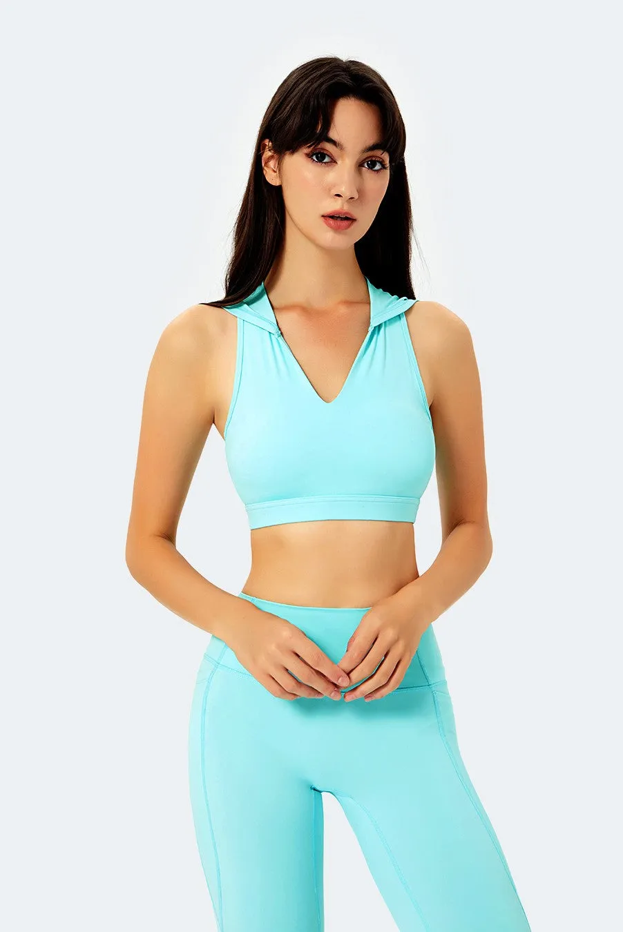 Deep V-Neck Hooded Sports Bra Tops