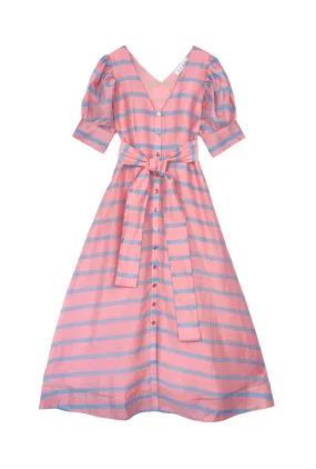 Deep V Puff Sleeve Day Gown - MAXI - Blue Stripe