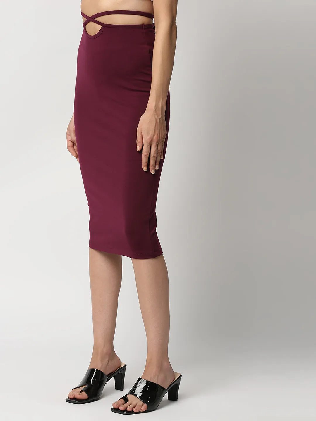 Disrupt Women Wine Tie-up Slim Fit Stretchable Pencil Skirt