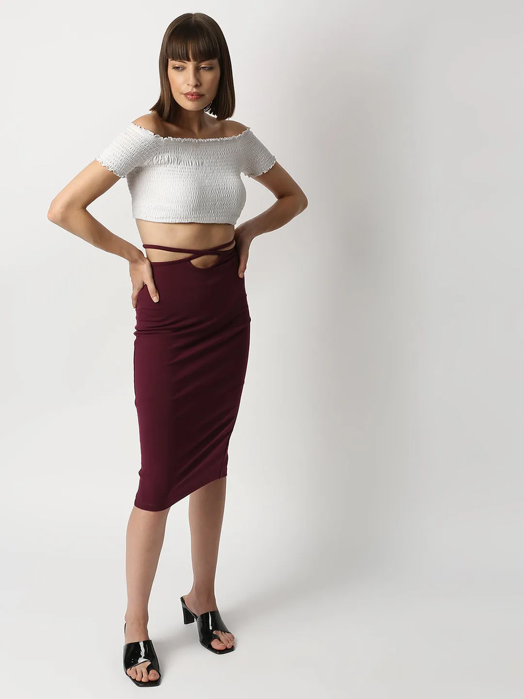 Disrupt Women Wine Tie-up Slim Fit Stretchable Pencil Skirt