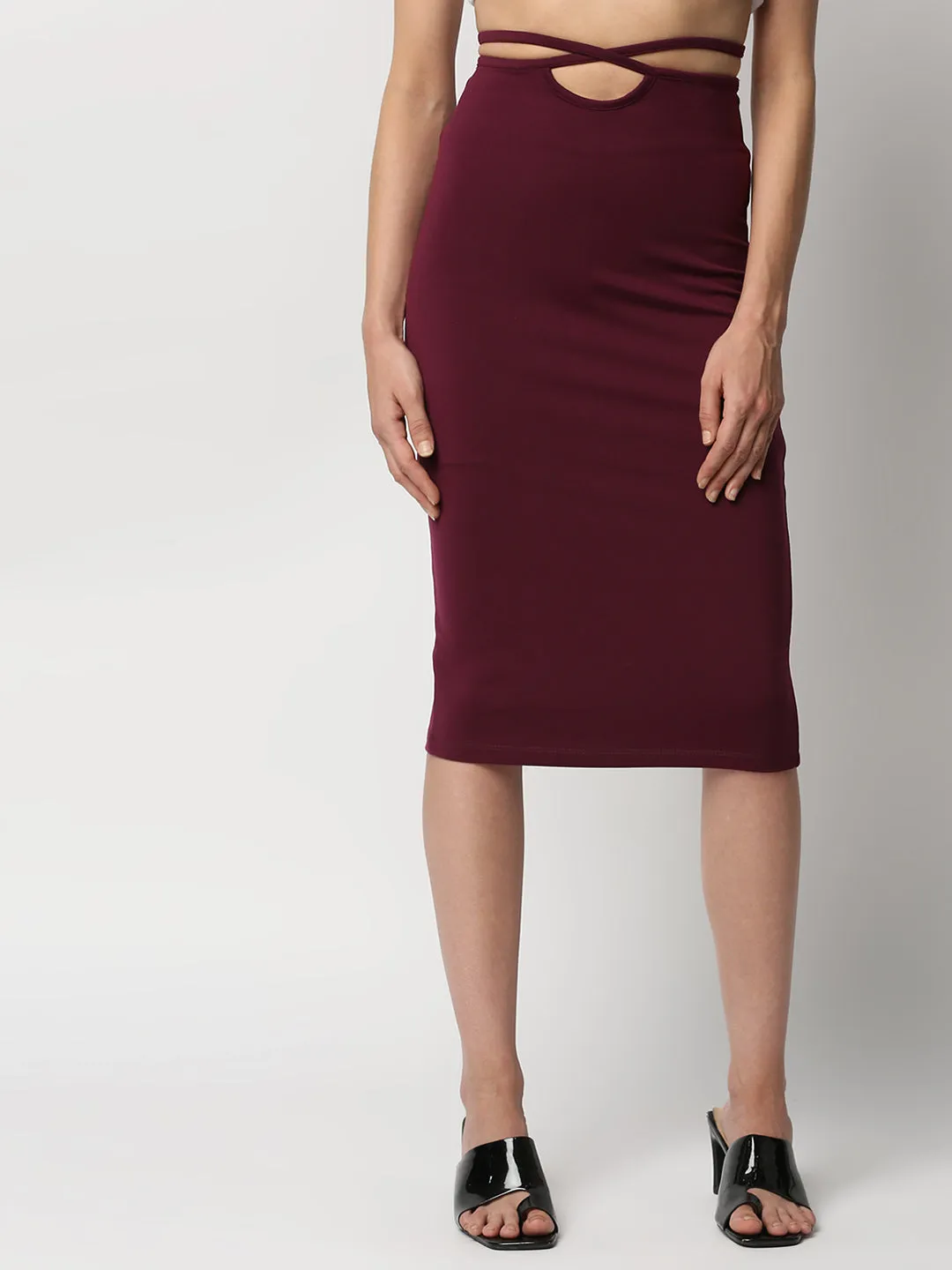 Disrupt Women Wine Tie-up Slim Fit Stretchable Pencil Skirt