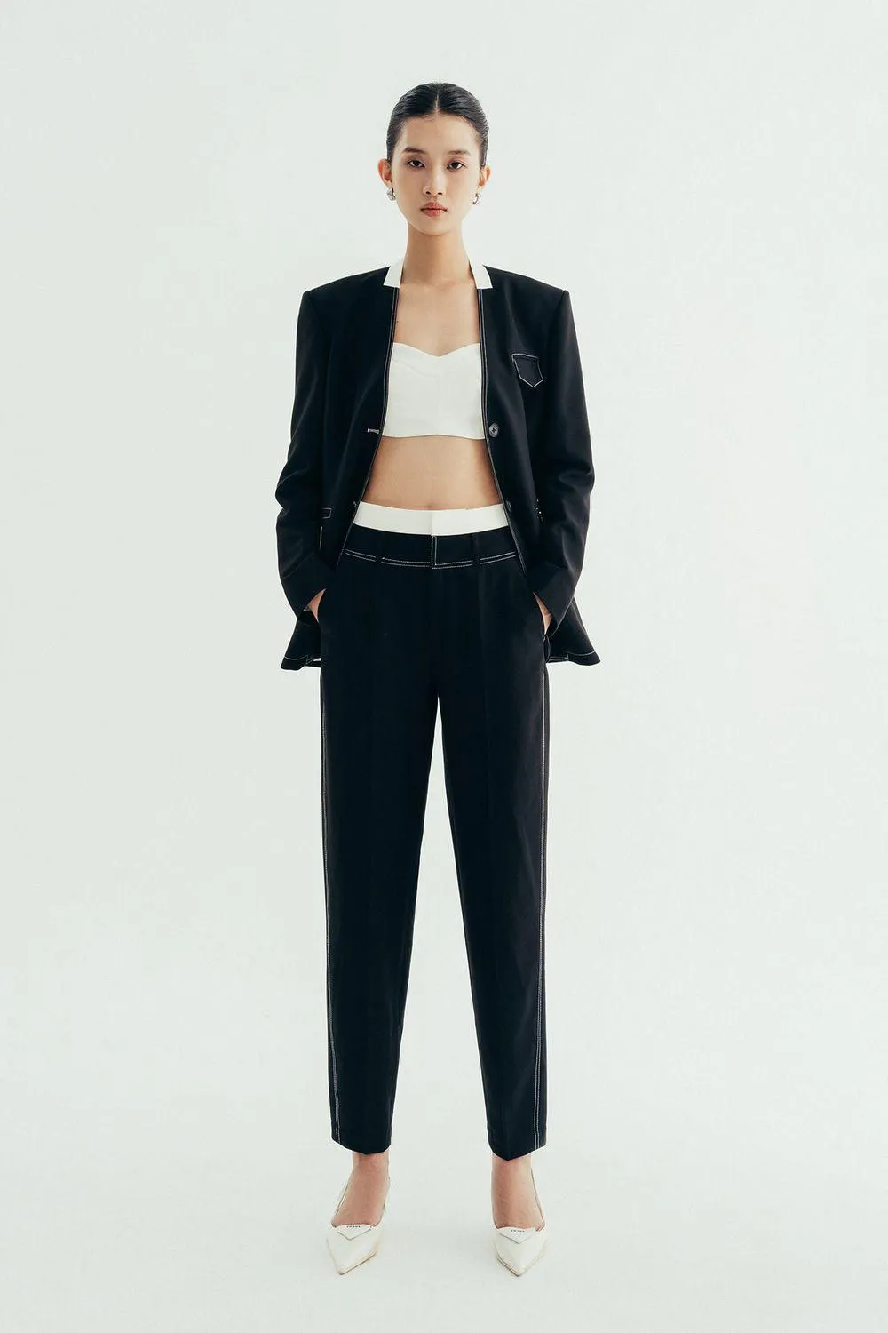 Eddy Pegged Contrasting Waistband Twill Ankle Length Pants