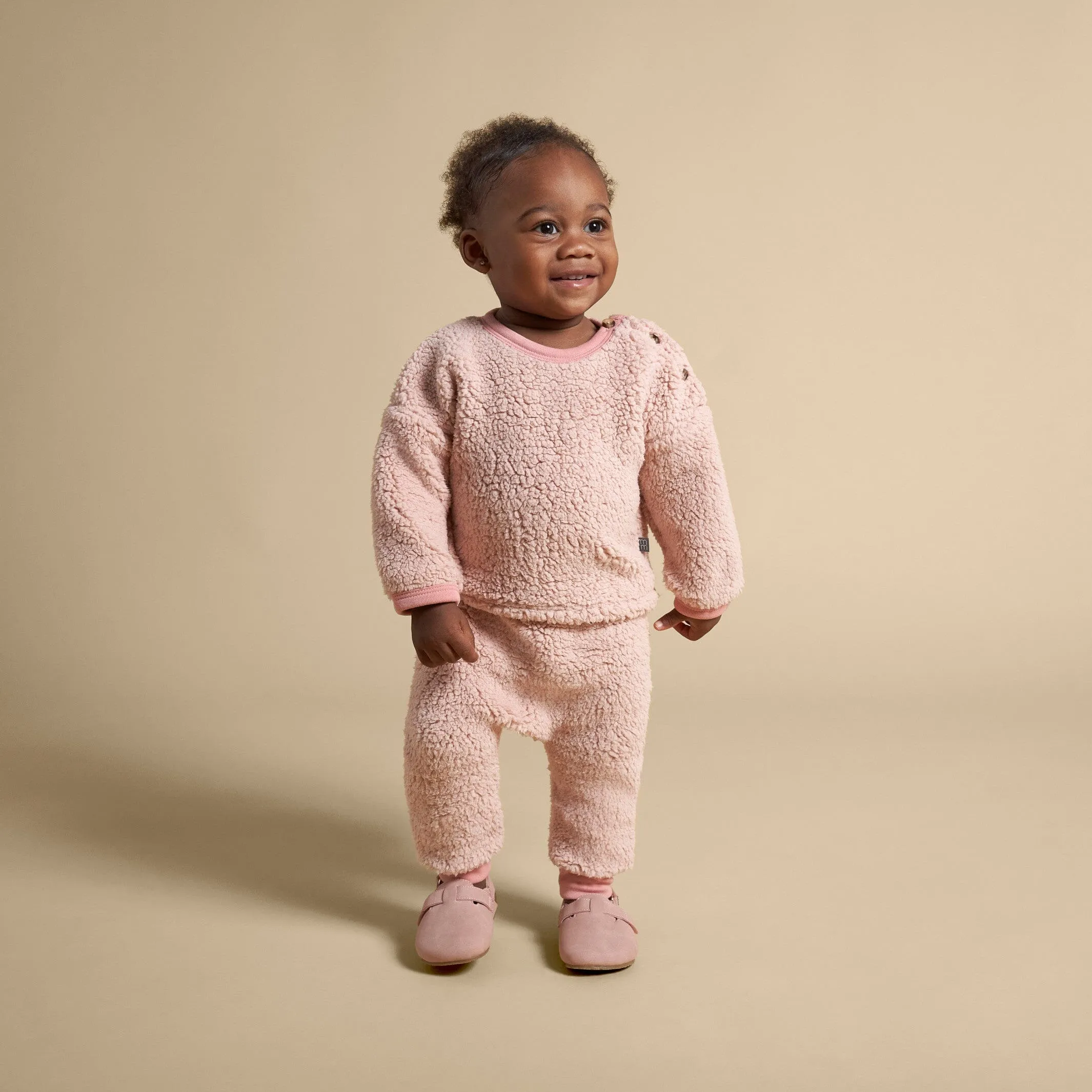 Embroidered 2-Piece Baby Girls Light Pink Sherpa Drop Shoulder Top & Pants