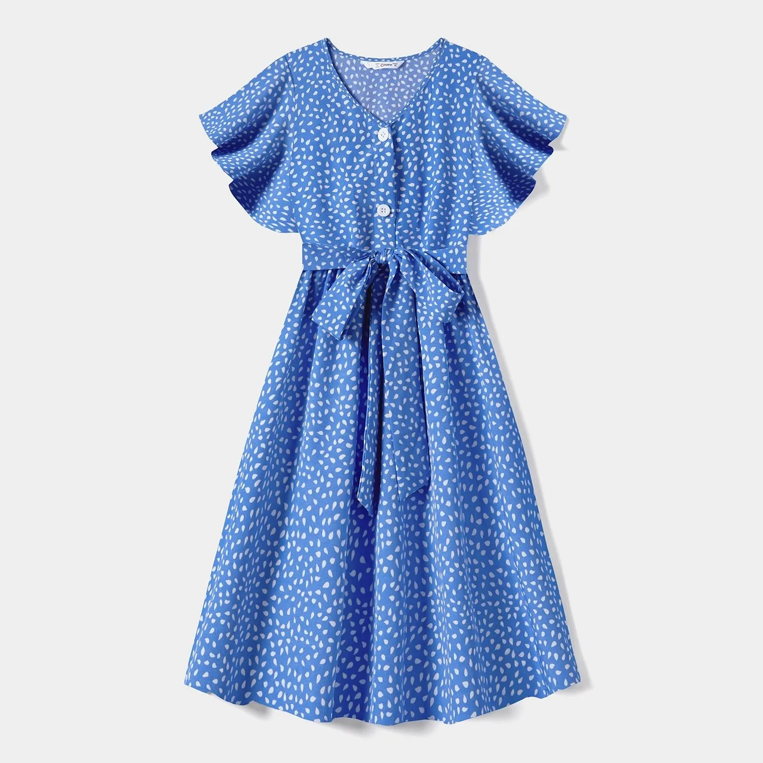 Family Matching Dots Pattern Belted Ruffle-sleeve Dresses and Colorblock T-shirts Sets