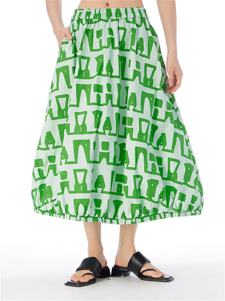 Female Elastic Waist Trendy Geometric Pattern Print Skirts