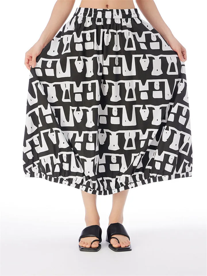 Female Elastic Waist Trendy Geometric Pattern Print Skirts