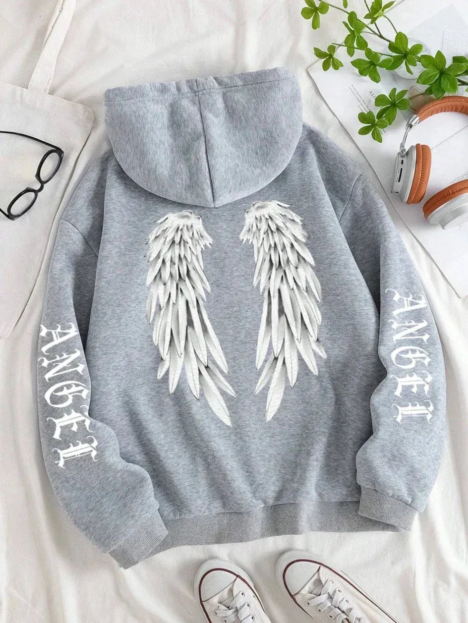 Ivyshape | Casual Hoodie with Wing Print for Women