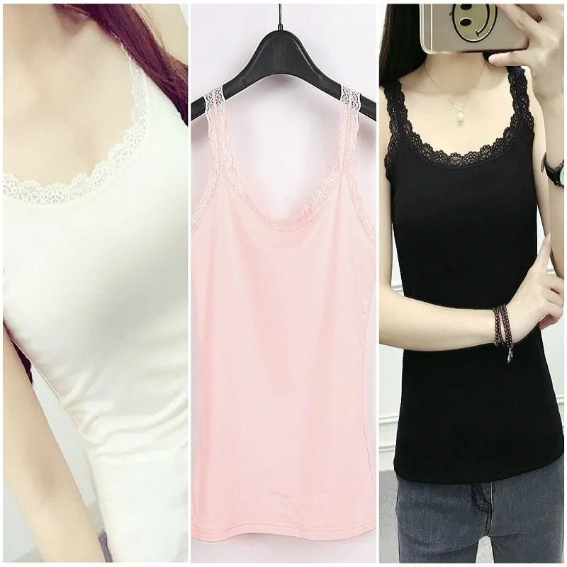 Lace Trim Cotton Soft Stretchy Tank Tops