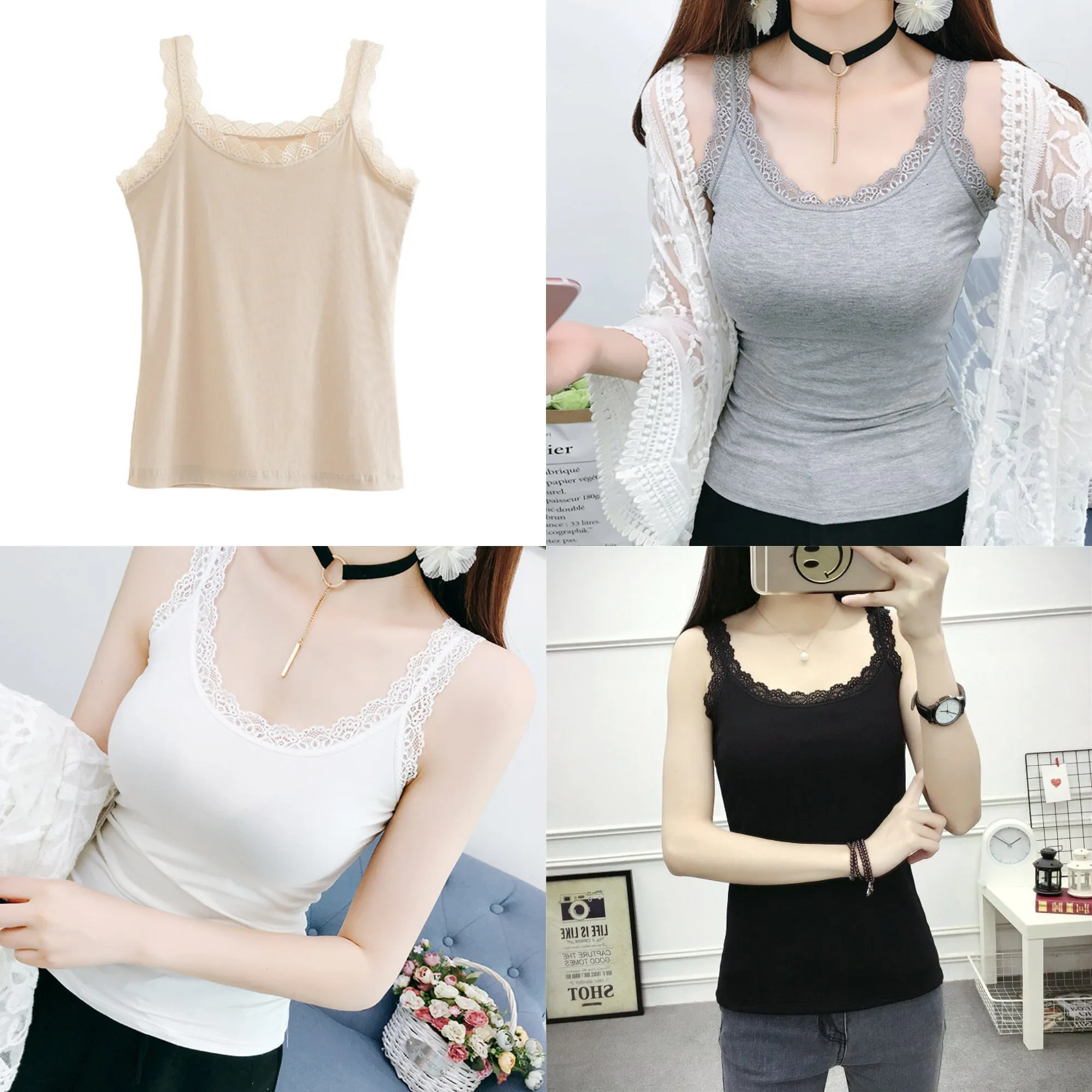 Lace Trim Cotton Soft Stretchy Tank Tops