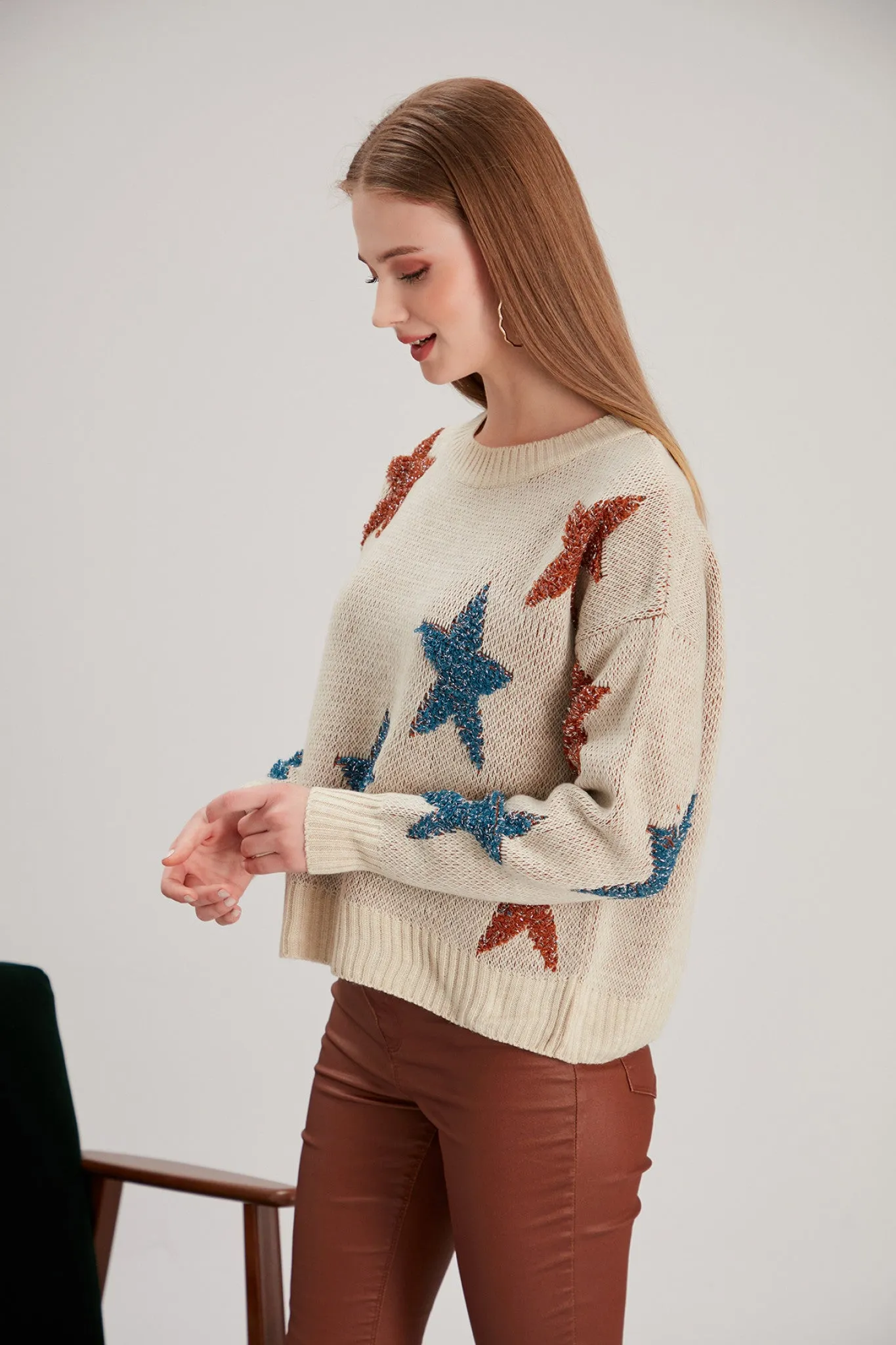 Love And Joy London Colourful Star Jumper In Stone Beige