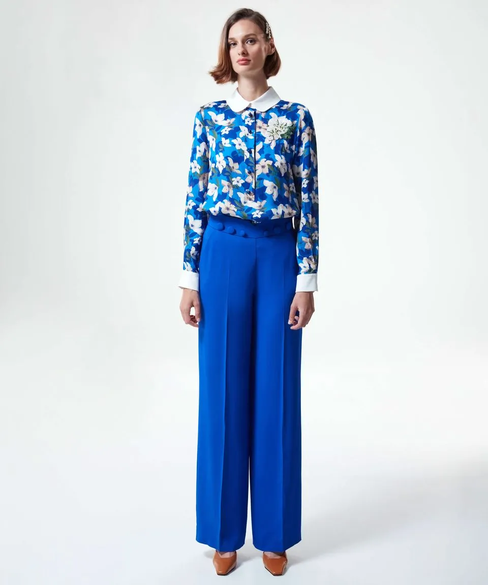 Machka Buttoned Waist Crepe Solid Trouser Sax