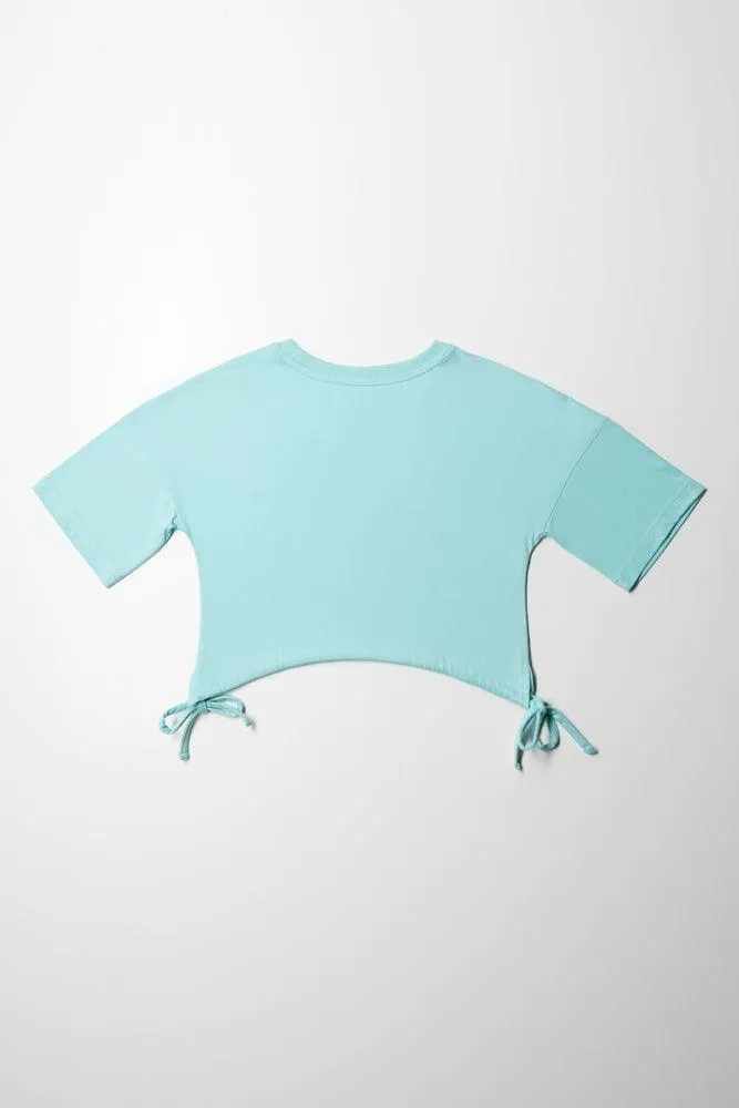 Manhattan Cropped Curved Hem Short Sleeve T-Shirt Light Blue