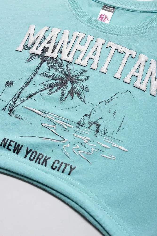 Manhattan Cropped Curved Hem Short Sleeve T-Shirt Light Blue