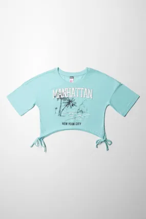 Manhattan Cropped Curved Hem Short Sleeve T-Shirt Light Blue