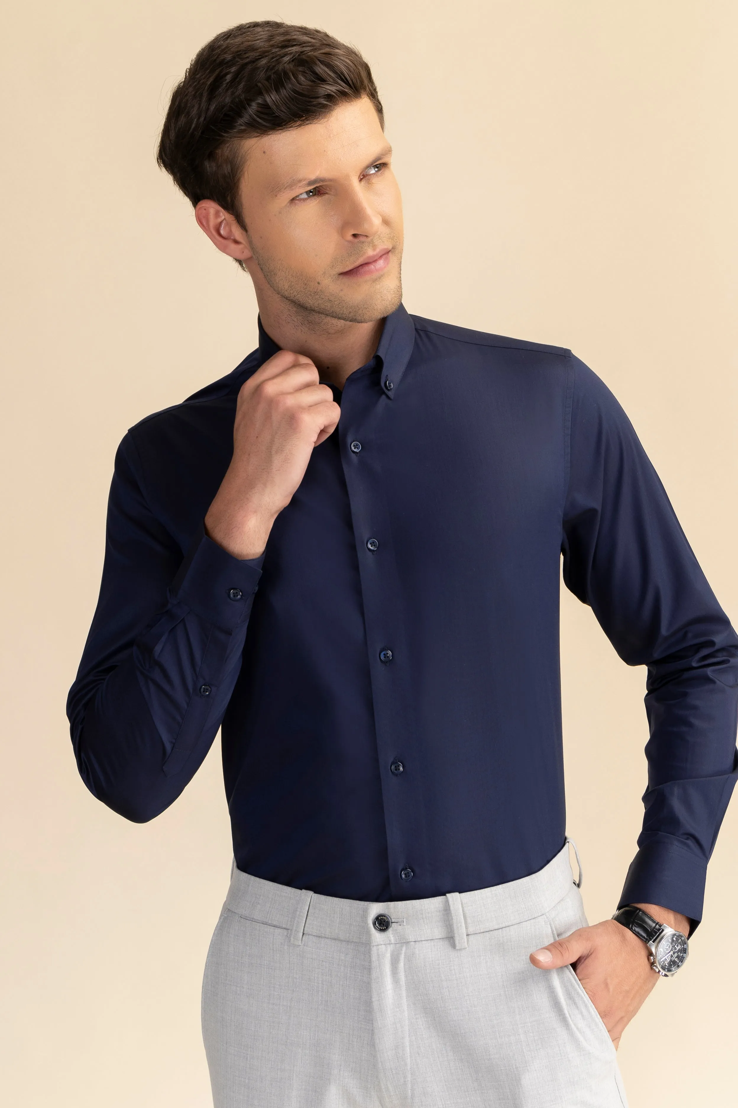 Navy Blue Poplin Solid Shirt