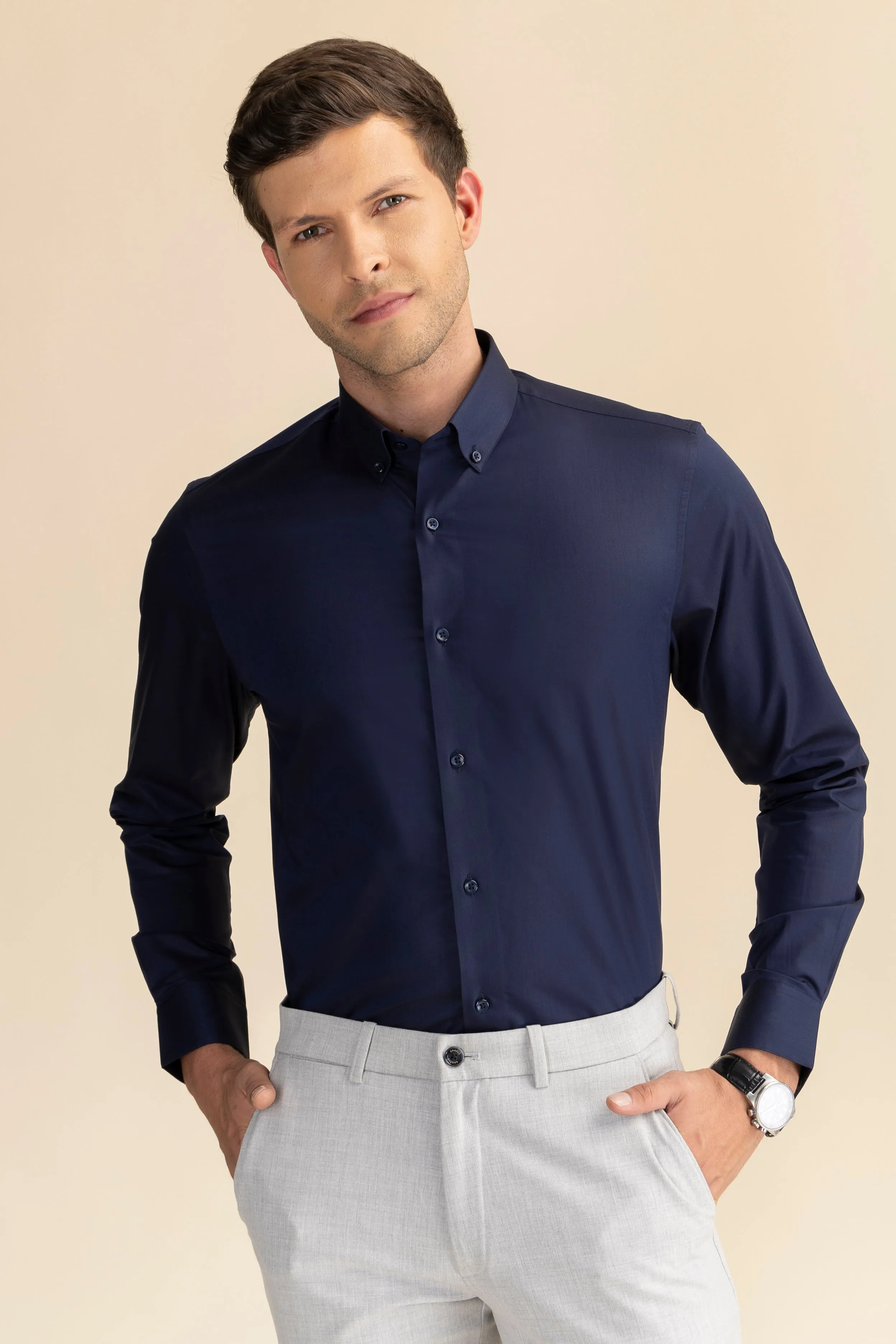 Navy Blue Poplin Solid Shirt