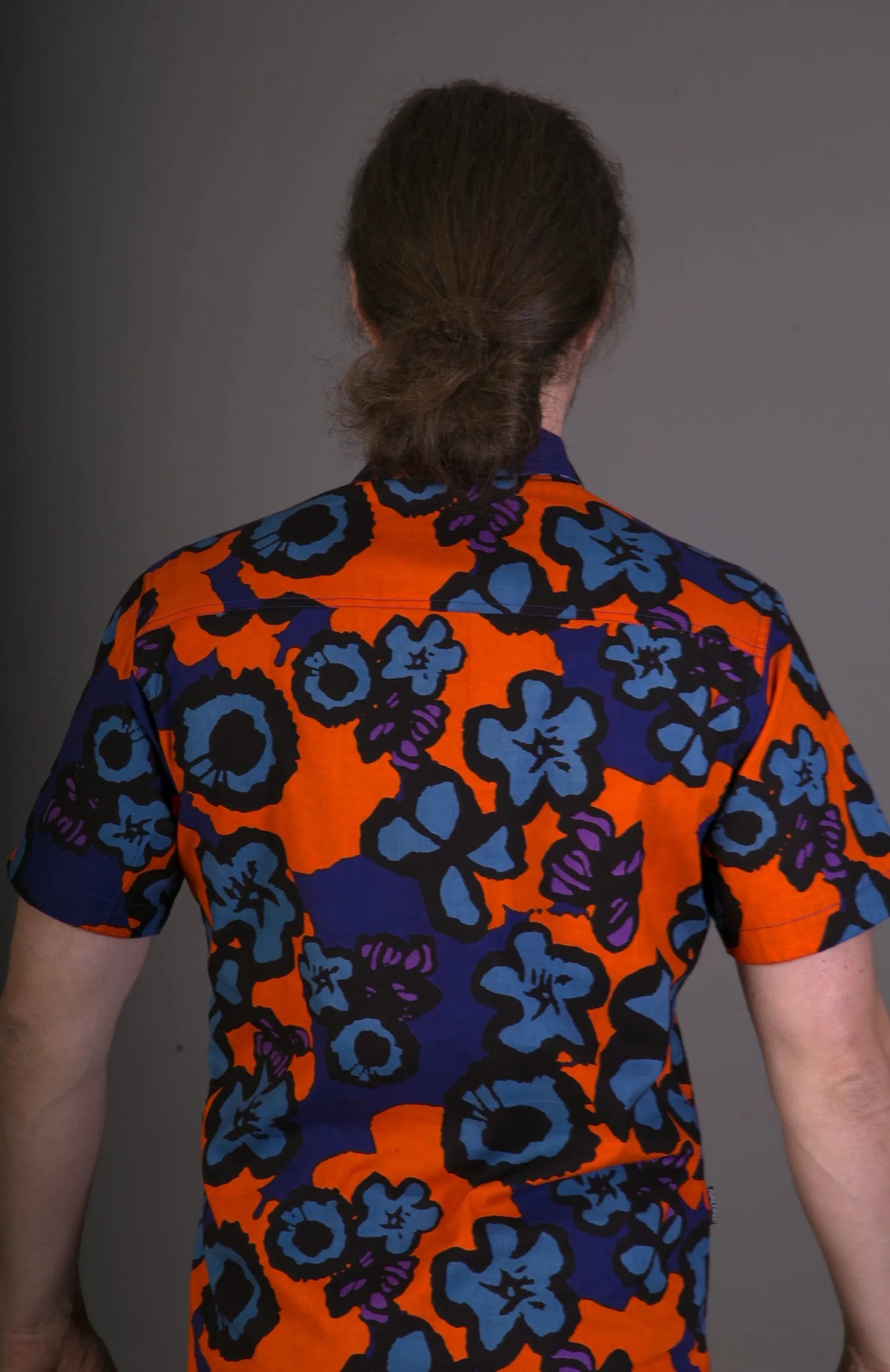 Orange Floral Blue Geometric Print Cotton Slim Fit Mens Shirt Short Sleeve