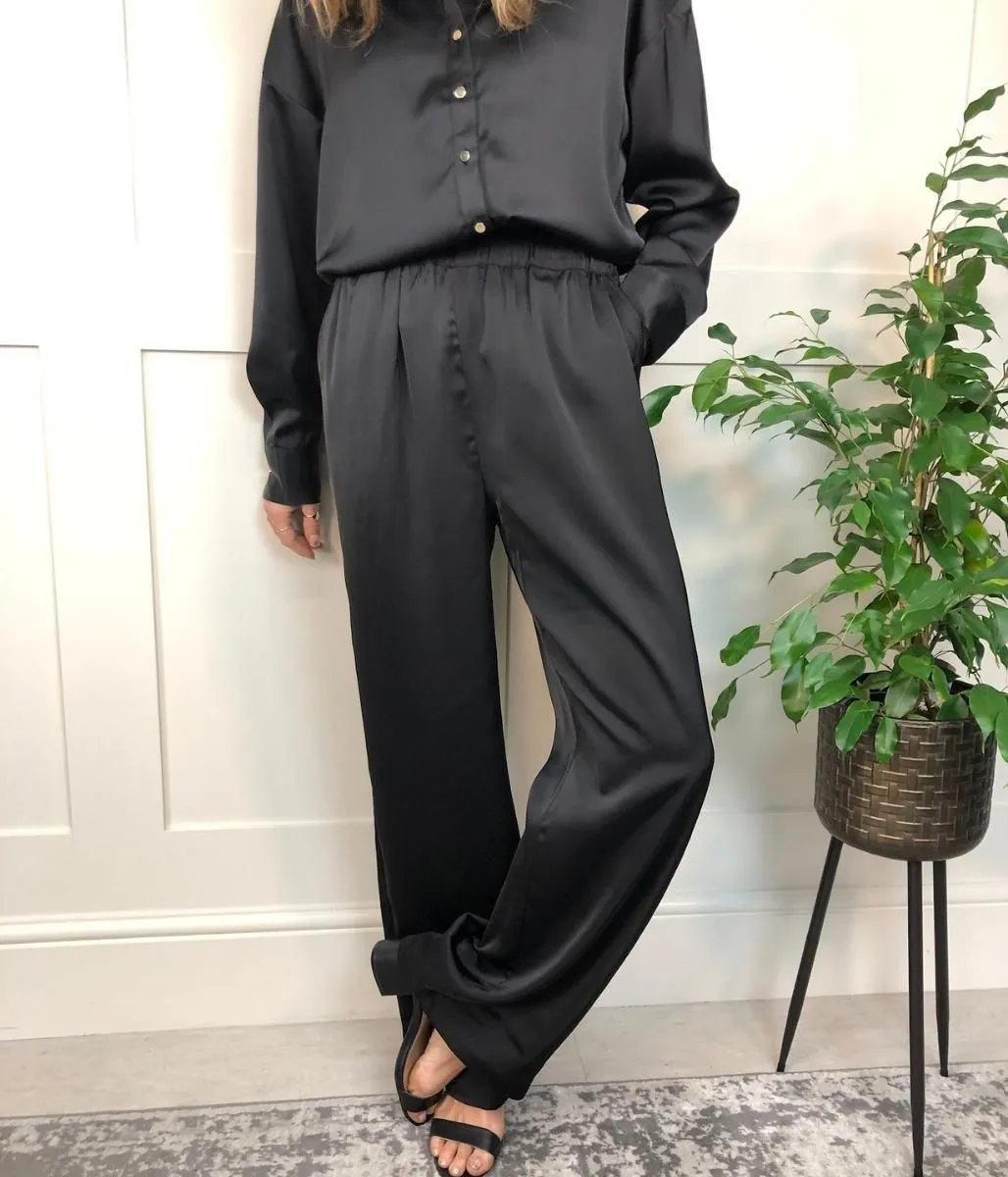 Rena Black Satin Wide Leg Trousers