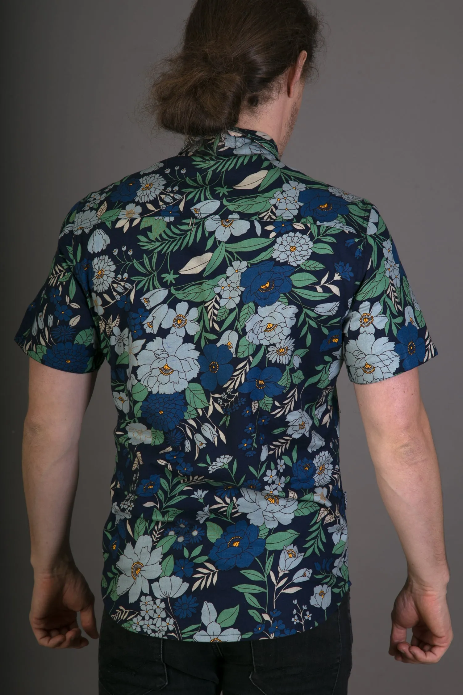 Reversible Blue Floral Grey Print Cotton Slim Fit Mens Shirt Short Sleeve