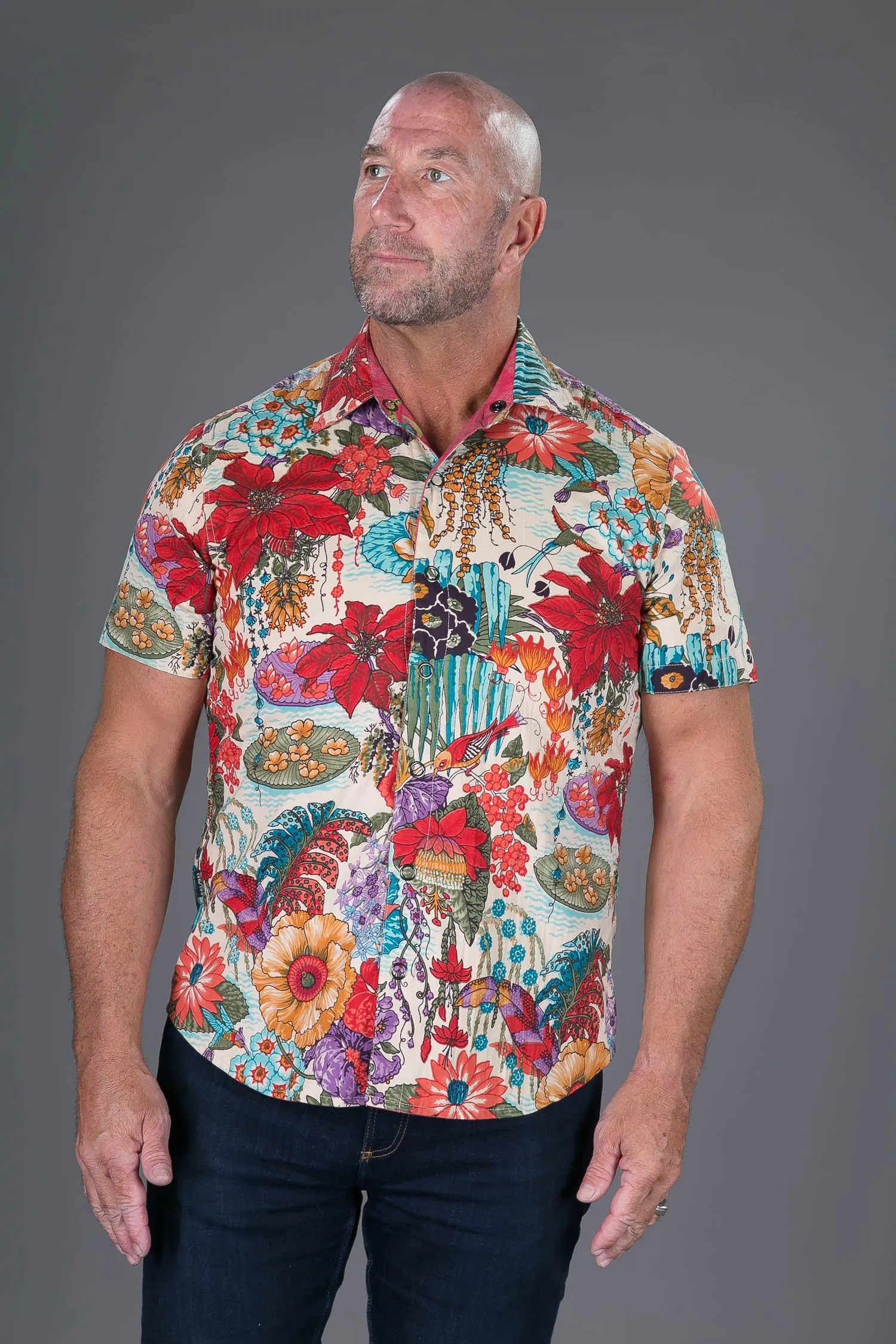 Reversible Floral Peacock Print Cotton Slim Fit Mens Hawaiian Shirt Short Sleeve