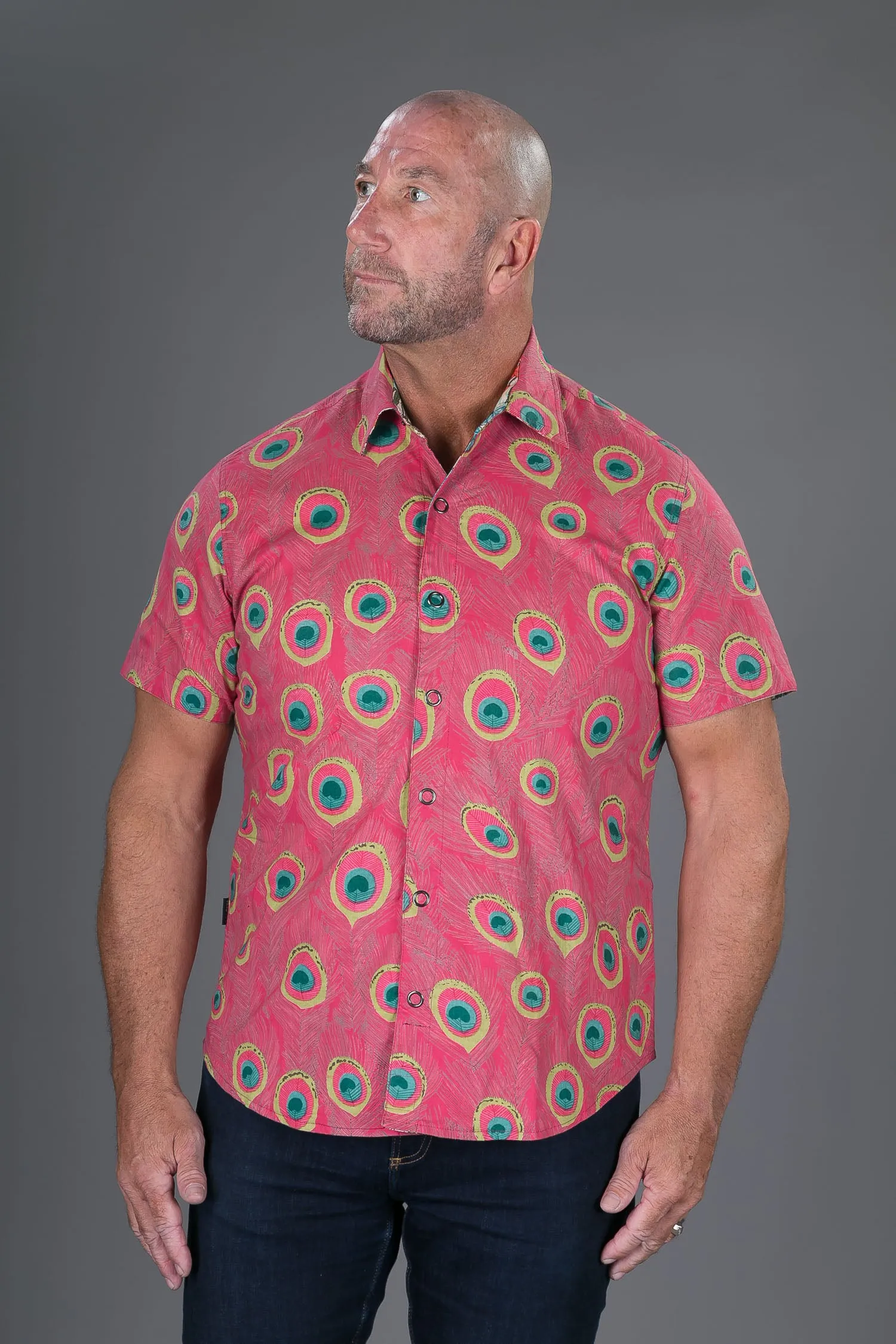 Reversible Floral Peacock Print Cotton Slim Fit Mens Hawaiian Shirt Short Sleeve